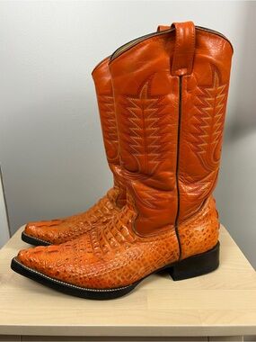 CHEKE Genuine Crocodile Skin Leather Cowboy Boot Men's 9 Orange Western Rodeo